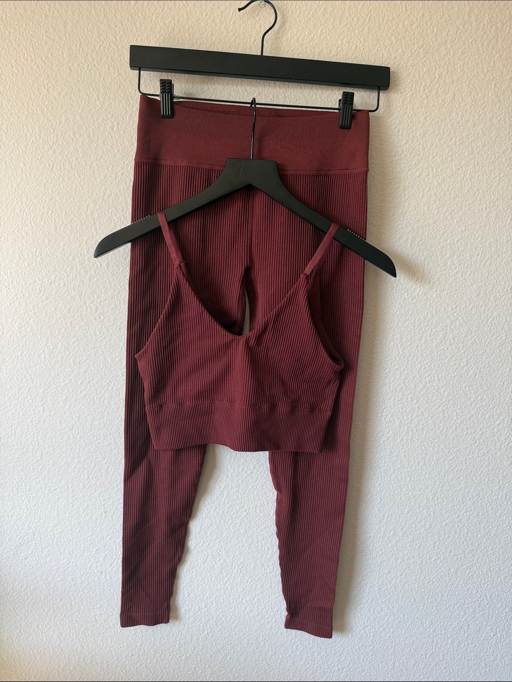 Burgundy Ribbed High-Waist Leggings + Matching Bralette Set Size M